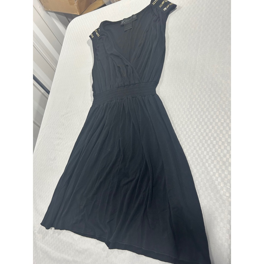 Kardashian Kollection Black Studded Shoulder Smocked Waist V-Neck Dress XS